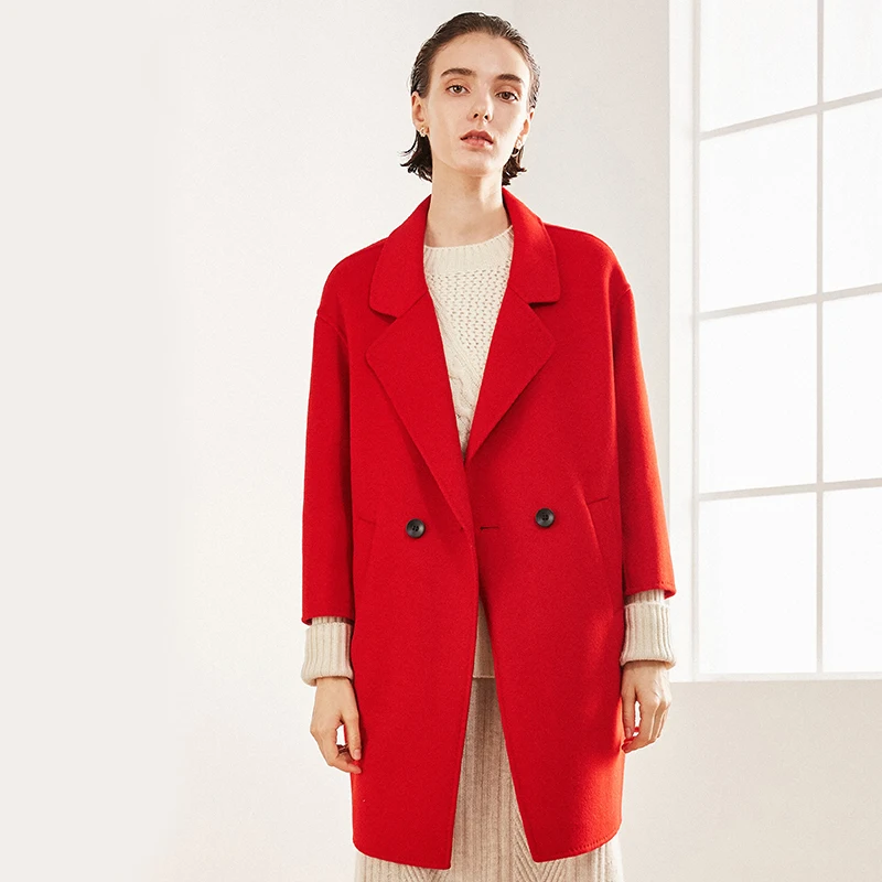 New Design Women’s Wool Blends Nine-quarter Sleeve With Pocket Double-breastedLong Winter Wool Ladies Coat Fashion Handmade