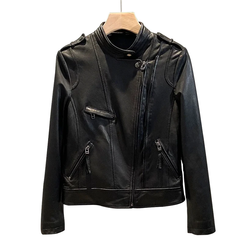 Sheepskin Leather Coat Cropped Genuine Leather Motorcycle Jackets for Women