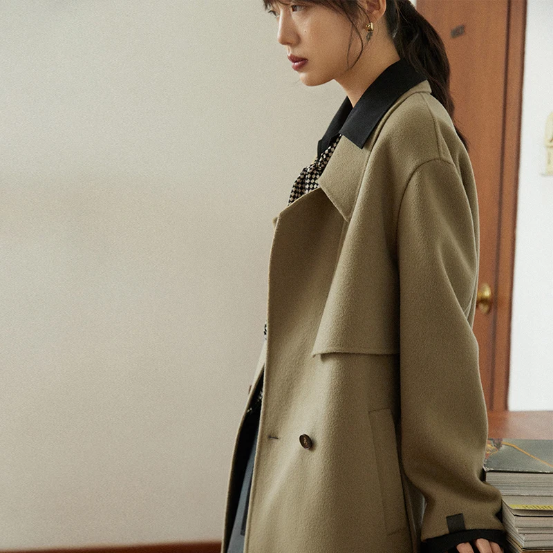 High-end Woolen Goods Winter  100% Wool Coat Double-breasted Fashion Classic New Design Solid Color Jacket
