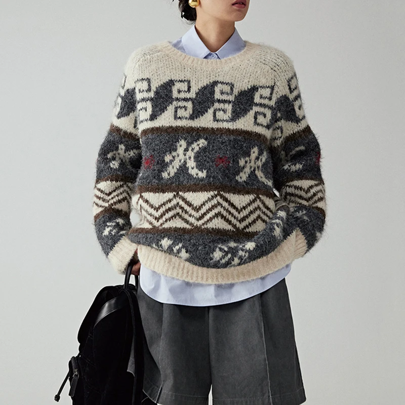 O Neck Cotton Pullover Women Jacquard Knitted Wool Sweater