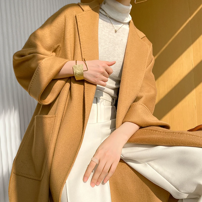 Lace-up Stick Pocket the Latest Design Winter Double-faced Woolen Goods 100% Cashmere Coat Classic     Handmade Jacket