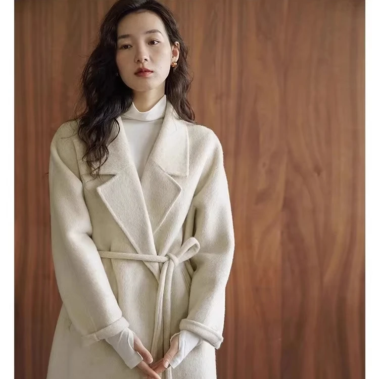 High-grade Lace-up Double-faced Woolen Coat, Woolen Coat, Small Size, Medium and Long