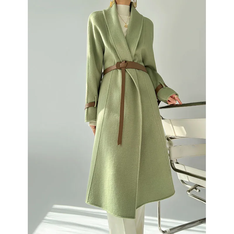 Design Sense Green Fruit Collar Double-sided Tweed Cashmere Coat Female 2025 Autumn and Winter New Lacing Temperament Wool Tweed