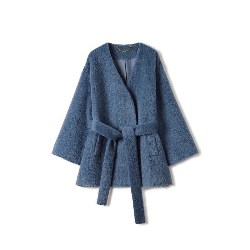 Luxury Italian Sully Alpaca Wool Texture Overlap Collarless Coat Noble Show Temperament Coat