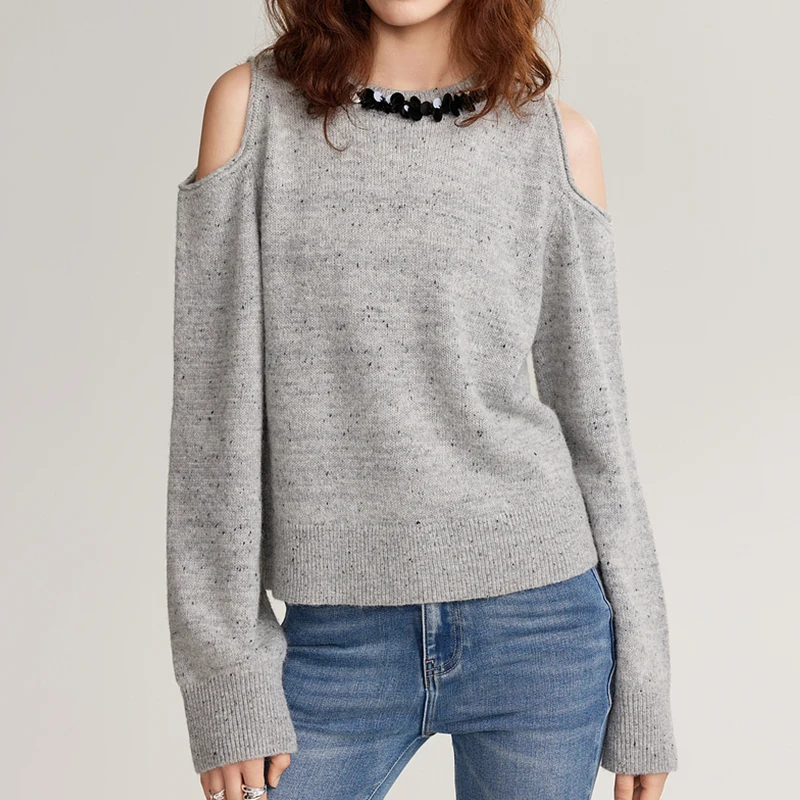 Off Shoulder Pullover Autumn Women Knitted Mohair Sweater With Sequin