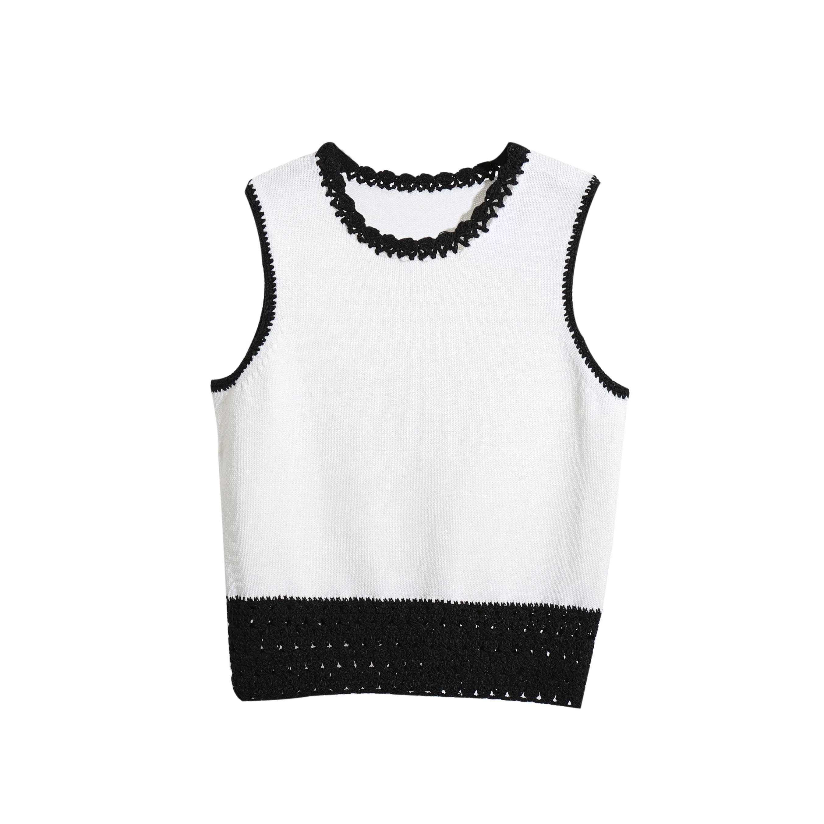 Luxury Torchon Lace Black White Sleeveless Knitted Cotton Sweater Vests Women