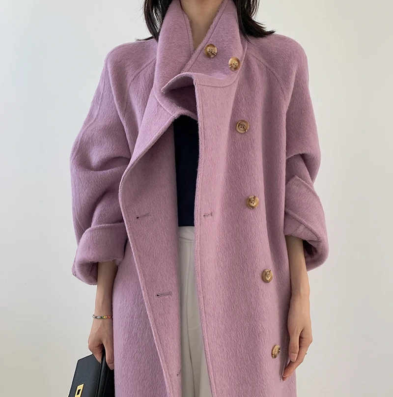 Autumn and Winter Thickened Collar Concealed Button Design Rabbit Velvet Silk Double-sided Wool Tweed Anti-season Coat