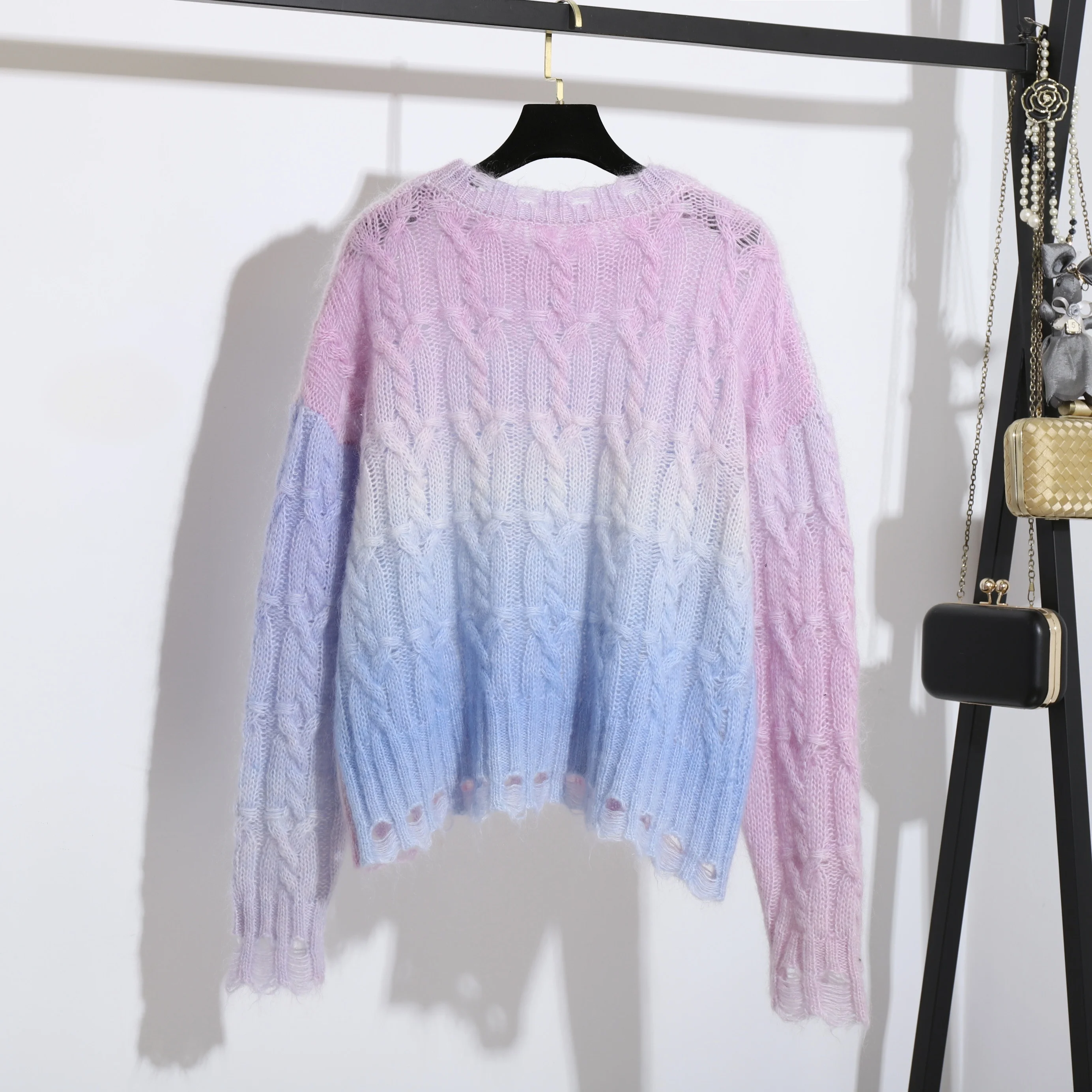 Plus Size Gradient Mohair Pullover Knitted Wool Sweater for Women