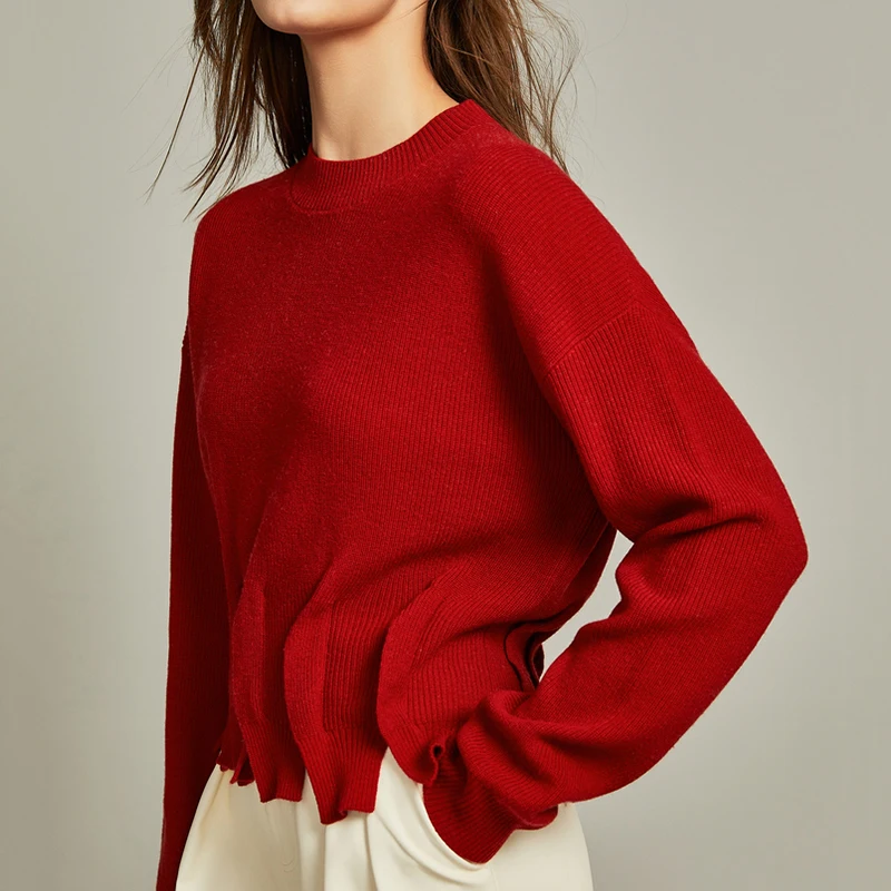 Loose Wool Knitwear Irregular Hem Knitted Wool Pullover Sweater Women