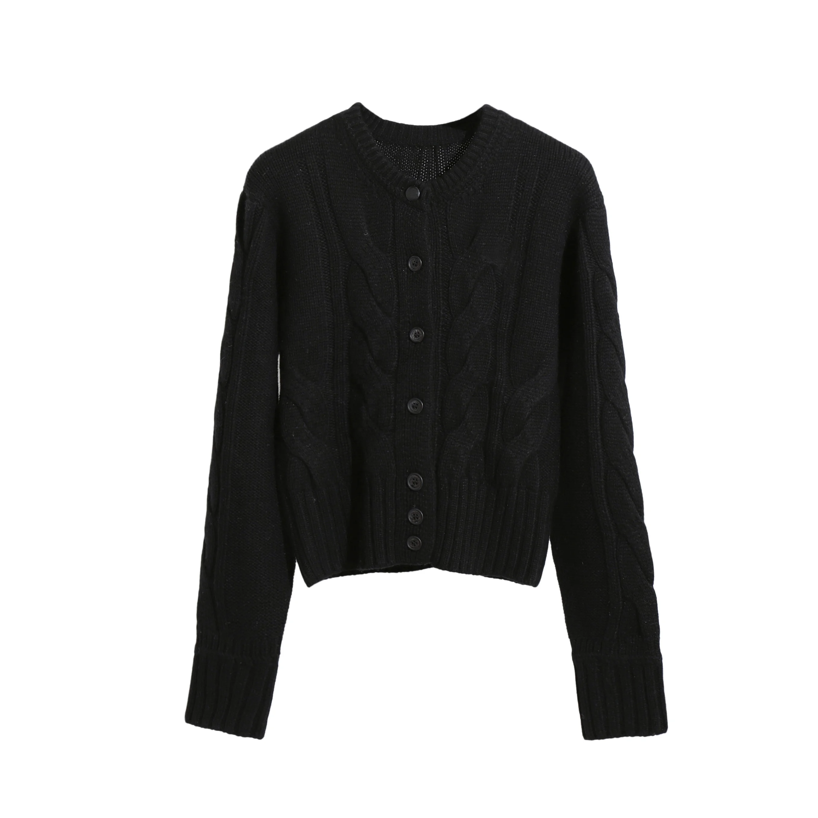 Single Breasted Solid O Neck 100% Wool Sweater Winter Thick Cropped Knitted Cardigan Women