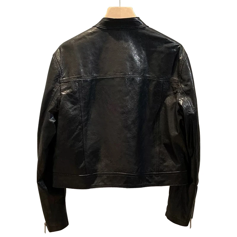 Vintage Oil Wax Leather Coat Women Crop Genuine Sheepskin Motorcycle Leather Jackets for Women
