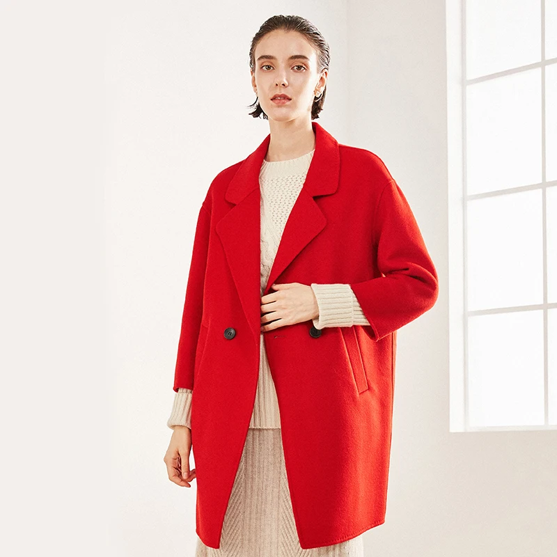 New Design Women’s Wool Blends Nine-quarter Sleeve With Pocket Double-breastedLong Winter Wool Ladies Coat Fashion Handmade