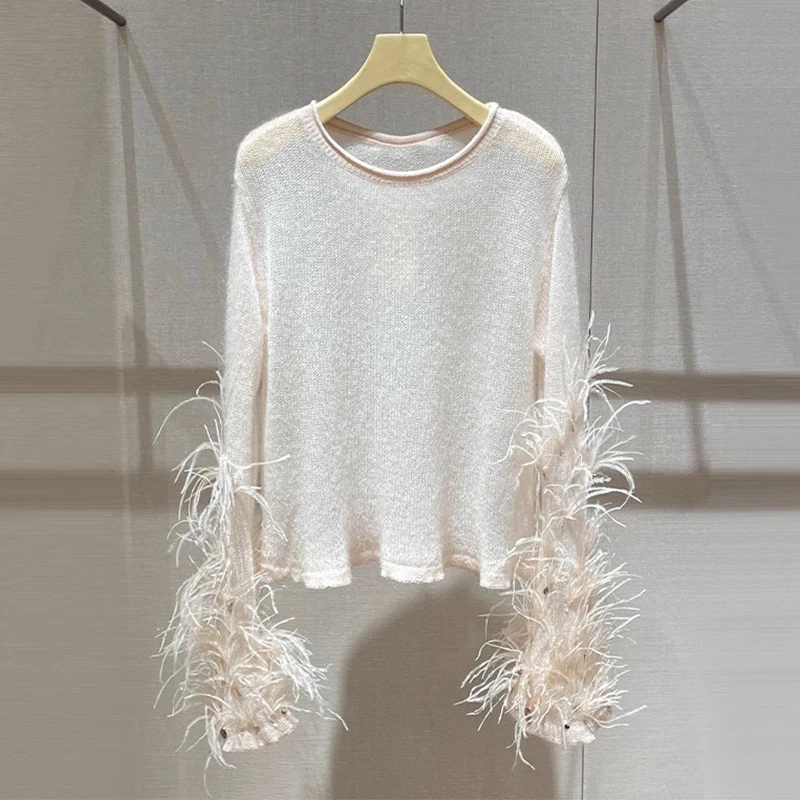 Luxury Women’s 100% Wool Knitted Sweater Hollow out Design with Ostrich Feather New Summer Casual Style Front
