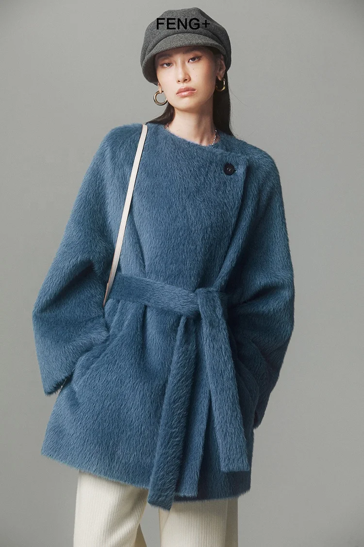 Luxury Italian Sully Alpaca Wool Texture Overlap Collarless Coat Noble Show Temperament Coat
