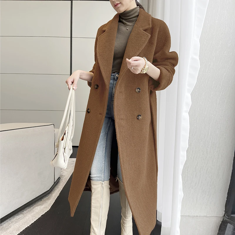 Made in High-end High Quality Vicuna Alpaca Upset to Keep Warm  Double-breasted Lace-up Long Sleeve  Cashmere Coat