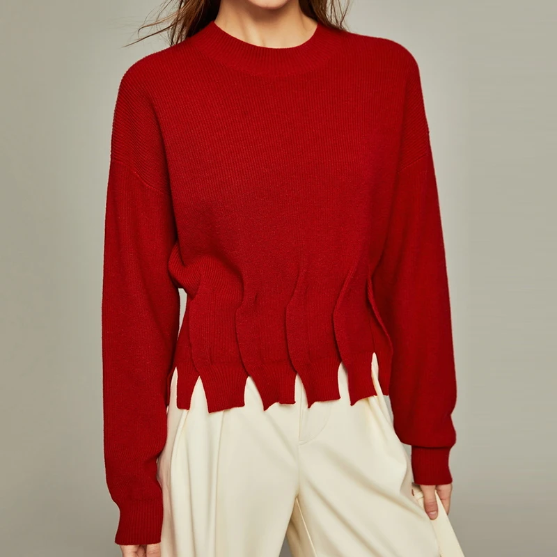 Loose Wool Knitwear Irregular Hem Knitted Wool Pullover Sweater Women