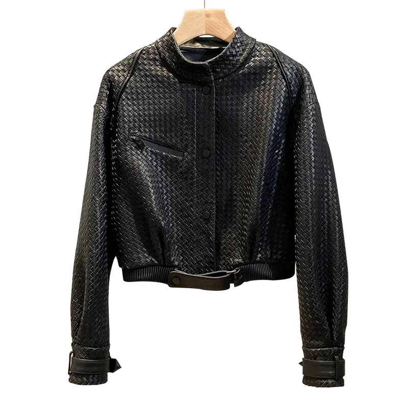 High Quality Cropped Black Woven Real Sheepskin Leather Jackets for Women