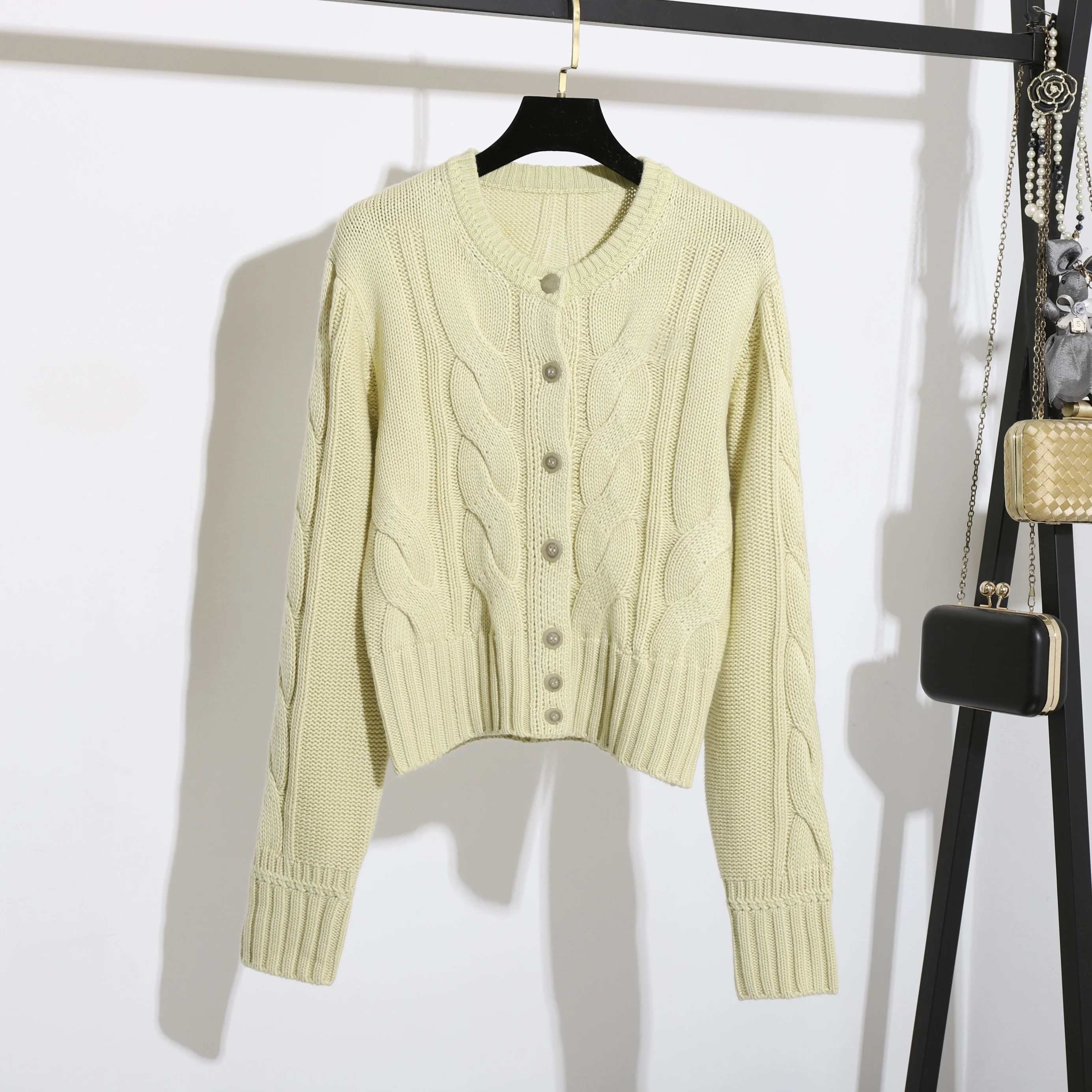 Single Breasted Solid O Neck 100% Wool Sweater Winter Thick Cropped Knitted Cardigan Women