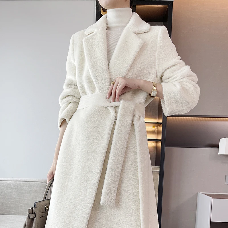 Small Batch Clothing Processing Alpaca Hair Thickening Cashmere Coat Long Keep Warm Fit Women s Wear Plush   Lapel Coat
