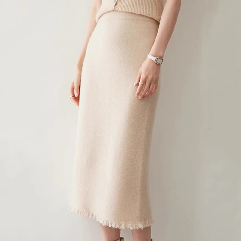 Straight Solid Cashmere Fitted Maxi Skirt Women Knitted Wool Skirts with Tassels