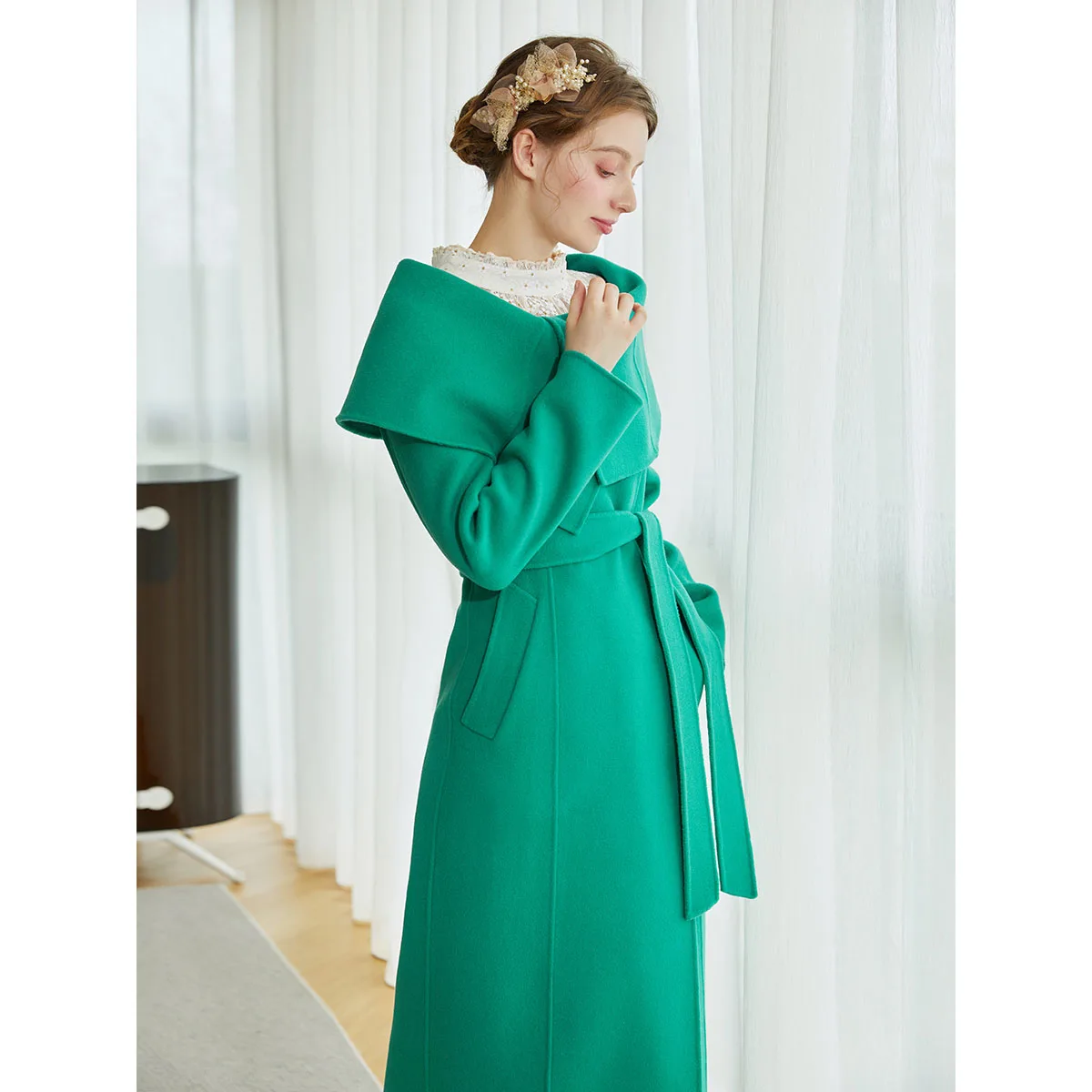 Design Sense Double-sided Wool Fleece Coat Oversized Lapels Double-breasted Slim Knee-length Coat Green