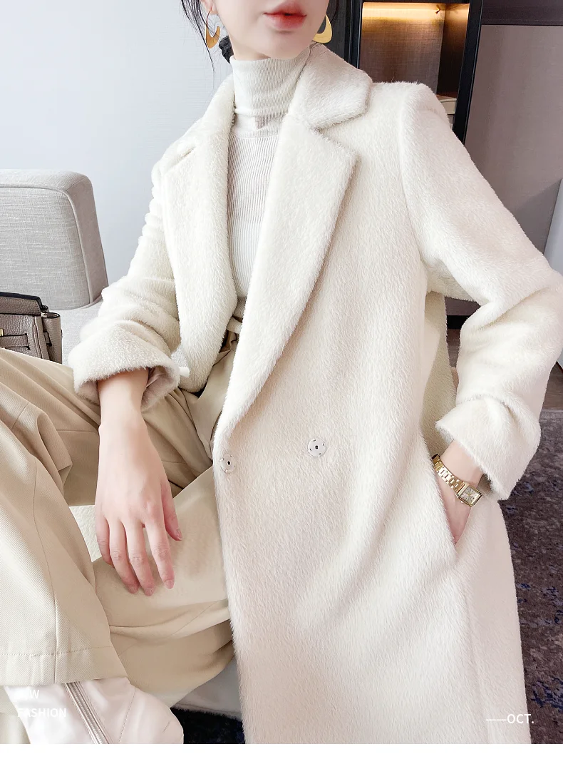 Small Batch Clothing Processing Alpaca Hair Thickening Cashmere Coat Long Keep Warm Fit Women s Wear Plush   Lapel Coat