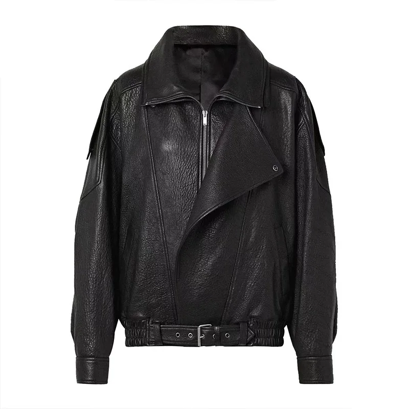 Vintage Bubble Leather Coat Oversized Motorcycle Genuine Sheepskin Leather Jacket for Women